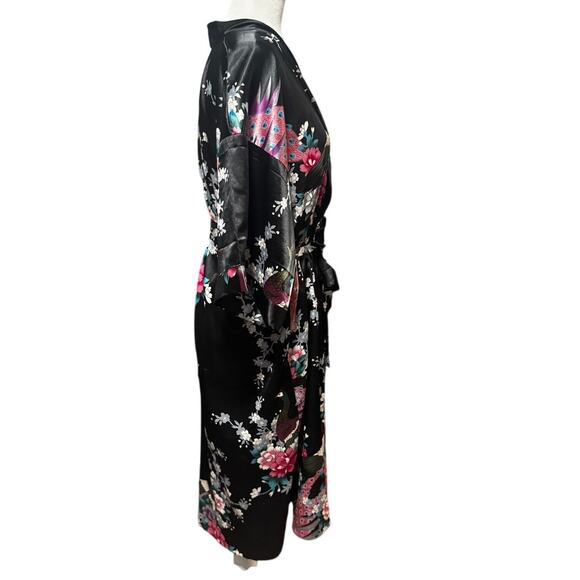 Oriental Village Silk Collection Kimono Robe Black w/ Bird Botanical Print - Picture 3 of 6